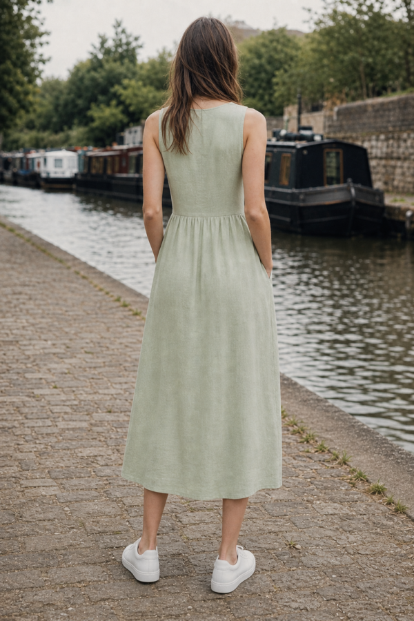 Fernleigh Linen Midi Dress back or construction
